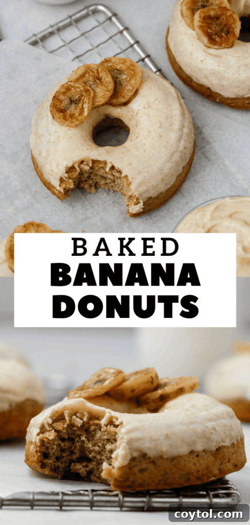 Baked banana donuts with brown butter glaze, beautifully arranged.
