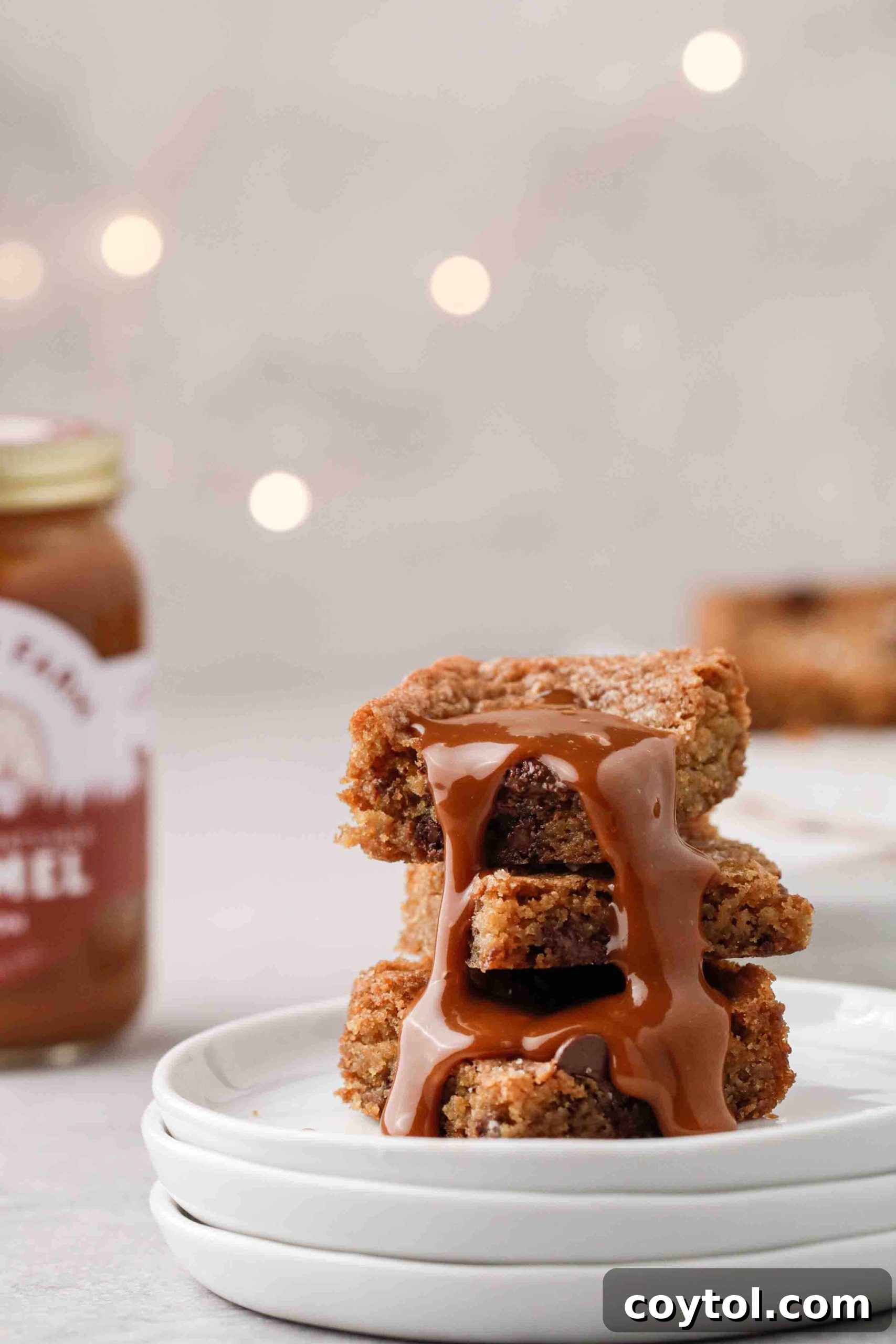 Delicious chocolate chip cookie bars drizzled with rich caramel sauce, ready to be served