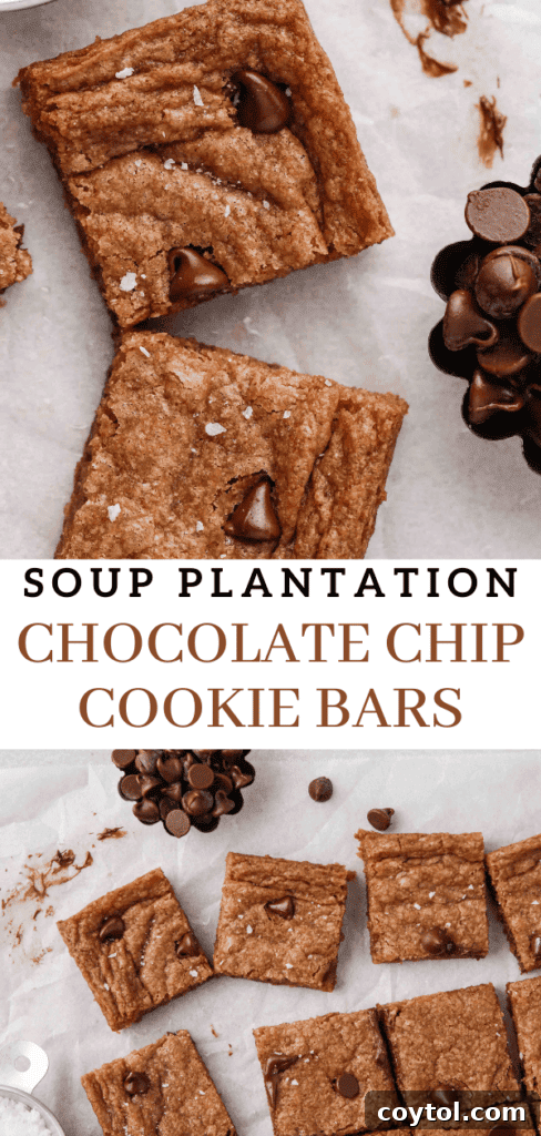 Soup Plantation chocolate chip cookie bars recipe pin graphic