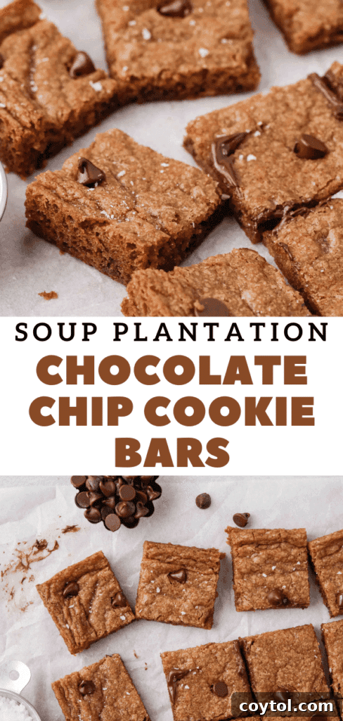Homemade chocolate chip cookie bars with ice cream pin graphic