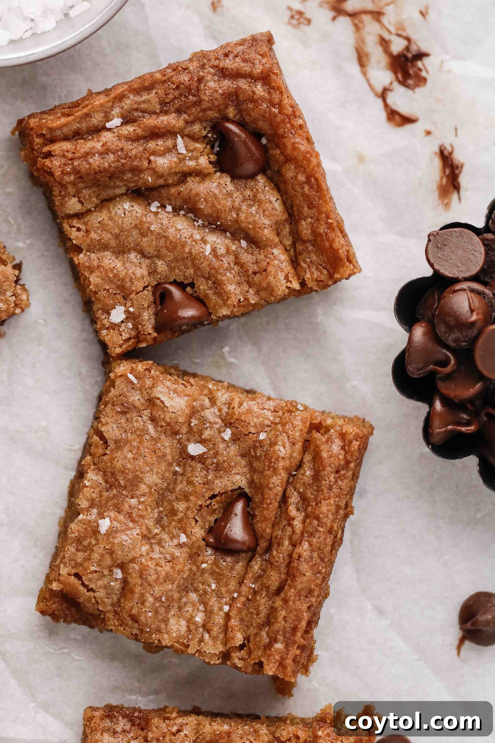 A close-up view of a freshly baked chocolate chip cookie bar, highlighting its rich texture and melted chocolate