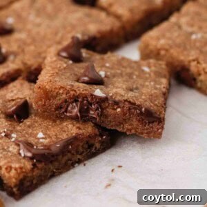 Close-up of freshly baked chocolate chip cookie bars with melted chocolate, ready to be enjoyed