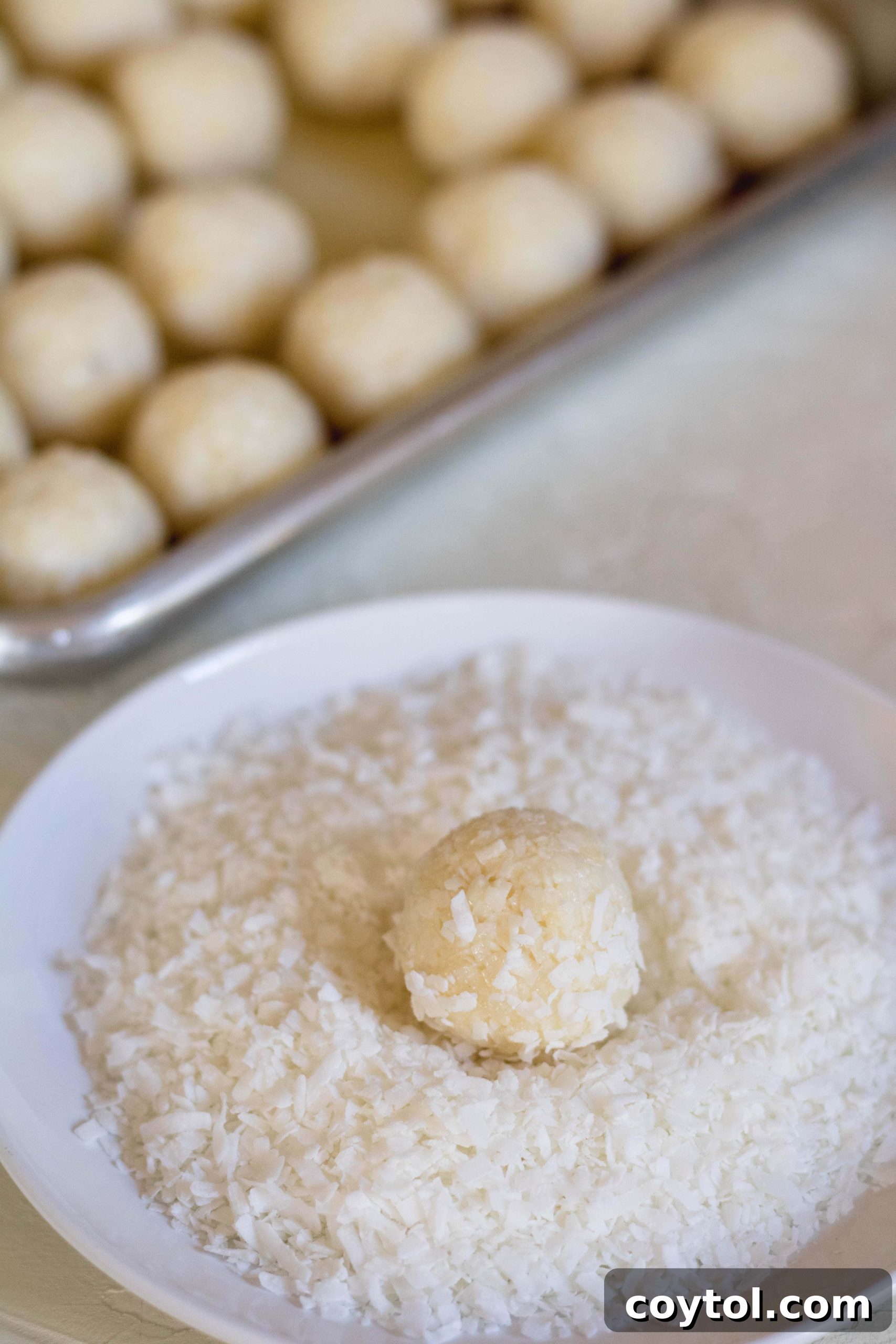 Close up of coconut balls with condensed milk, showcasing their inviting texture.