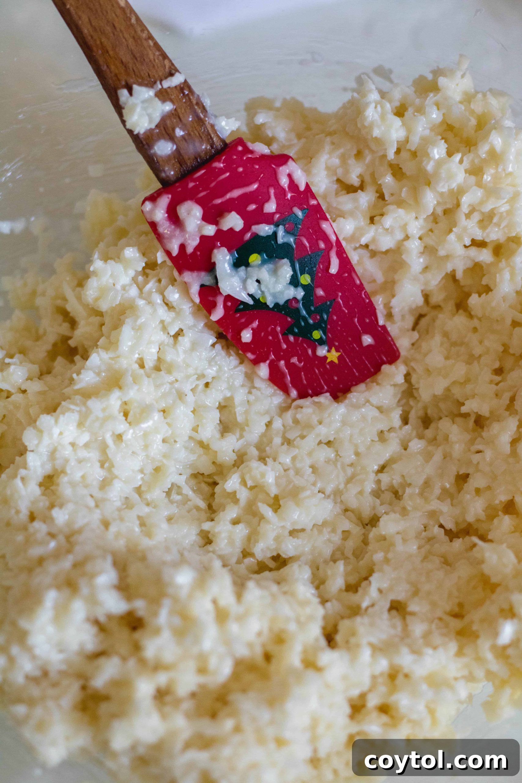 Mixing sweetened condensed milk and coconut to form a sticky mixture for coconut balls.