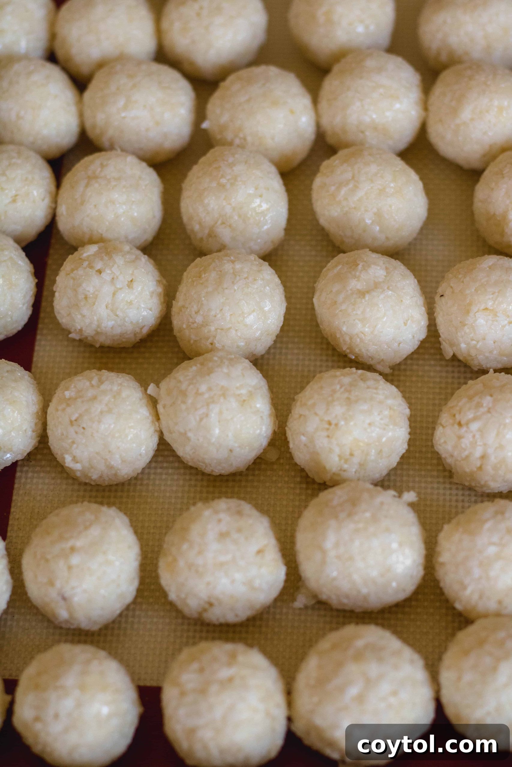 Hand rolling the no-bake coconut mixture into perfect spherical balls.
