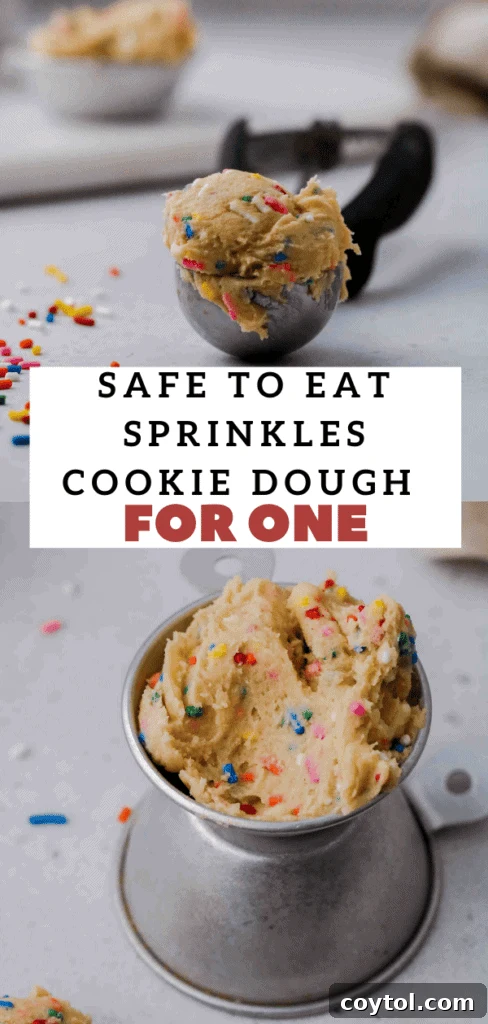 Edible sprinkles cookie dough for one in a bowl