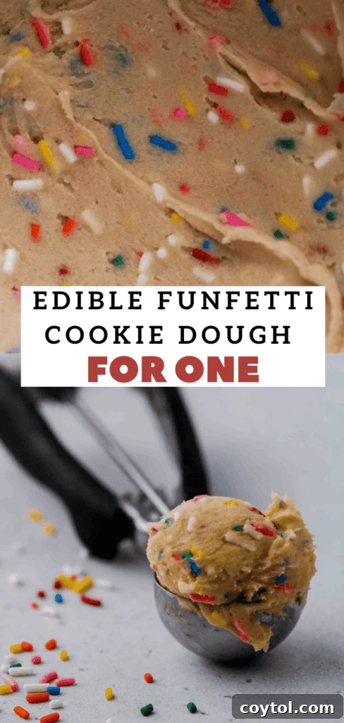 Close up of edible funfetti cookie dough for one