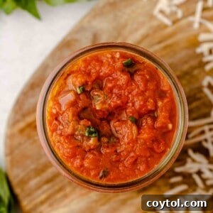 Overhead shot of marinara sauce in a bowl, ready to be served.