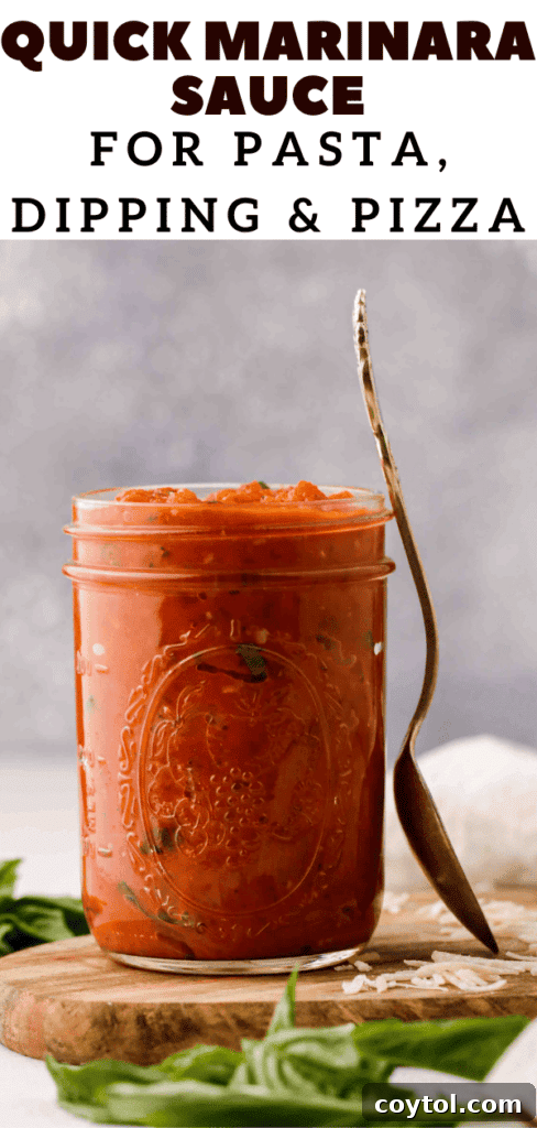 Speedy Homemade Marinara in 30 Minutes 14 Pinterest pin showing a bowl of quick pasta sauce with fresh ingredients.