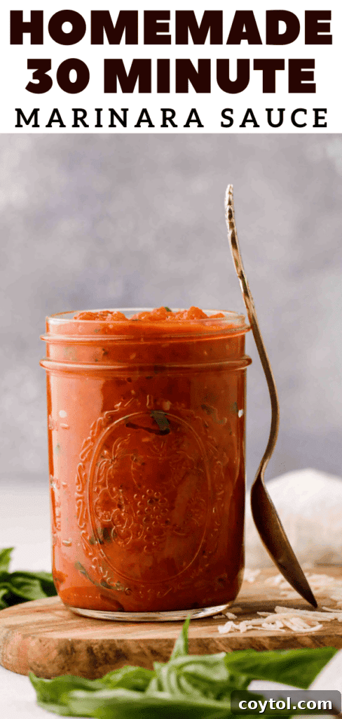 Speedy Homemade Marinara in 30 Minutes 15 Pinterest pin titled '30 minute marinara sauce' with a close-up of pasta and sauce.