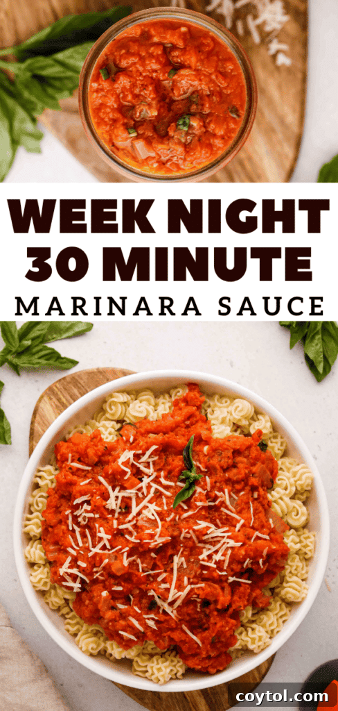 Speedy Homemade Marinara in 30 Minutes 17 Pinterest pin with the title 'The best weeknight marinara sauce recipe' on a pink background.
