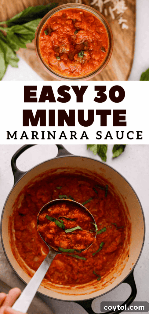 Speedy Homemade Marinara in 30 Minutes 18 Another Pinterest pin for 'The best weeknight marinara sauce recipe' featuring cooked pasta.