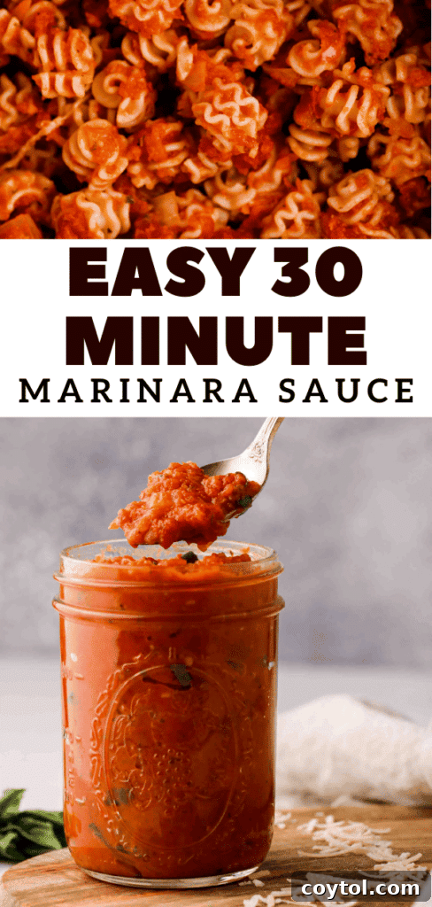 Speedy Homemade Marinara in 30 Minutes 21 A Pinterest pin for 'quick pasta sauce' featuring a close-up of pasta being stirred.