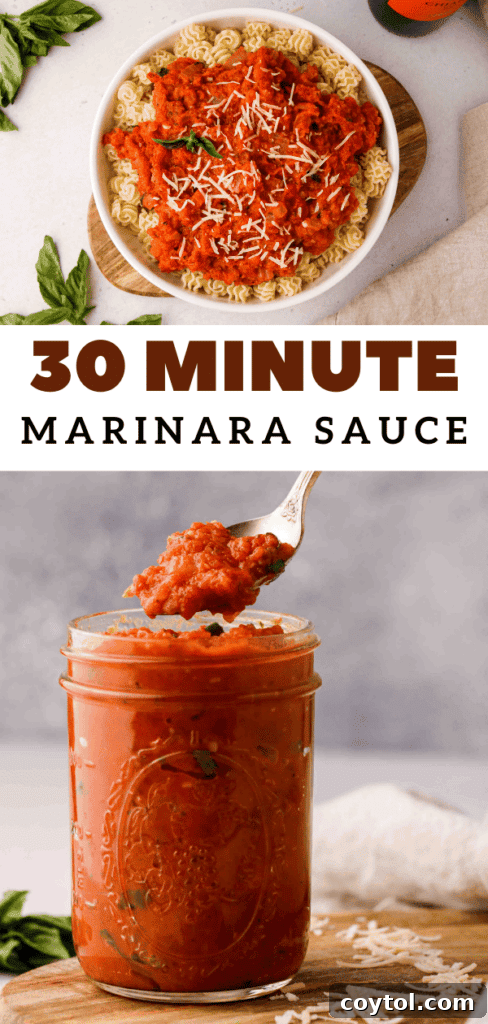 Speedy Homemade Marinara in 30 Minutes 22 Pinterest pin for 'quick pasta sauce' with a minimalist and appetizing aesthetic.