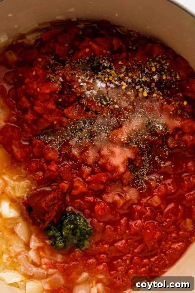 Speedy Homemade Marinara in 30 Minutes 9 Adding various spices and herbs to the simmering marinara sauce.