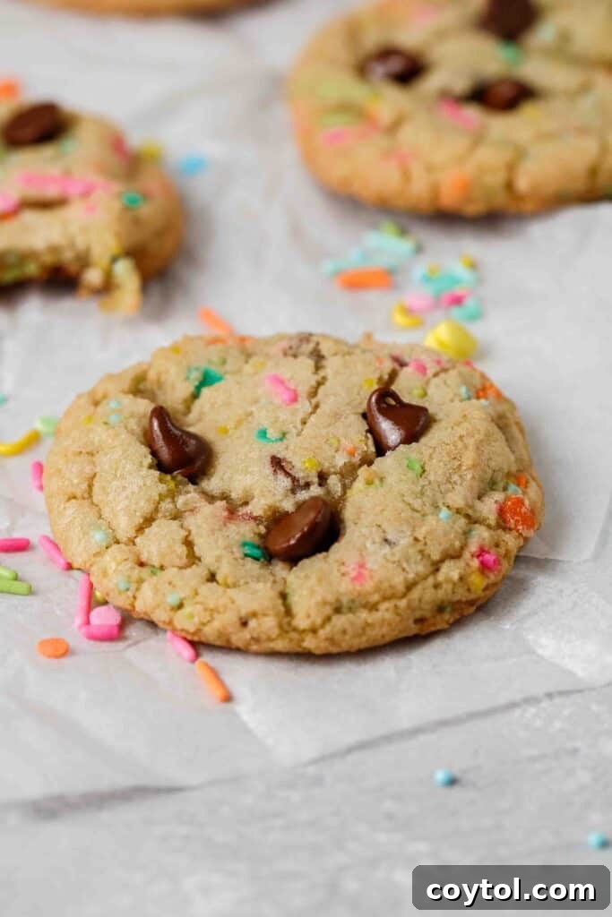 Close-up of freshly baked chocolate chip cookies adorned with colorful Easter sprinkles.