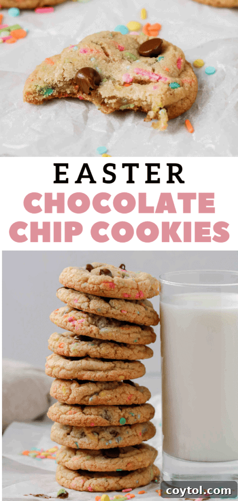 Easy spring chocolate chip cookies with colorful sprinkles.