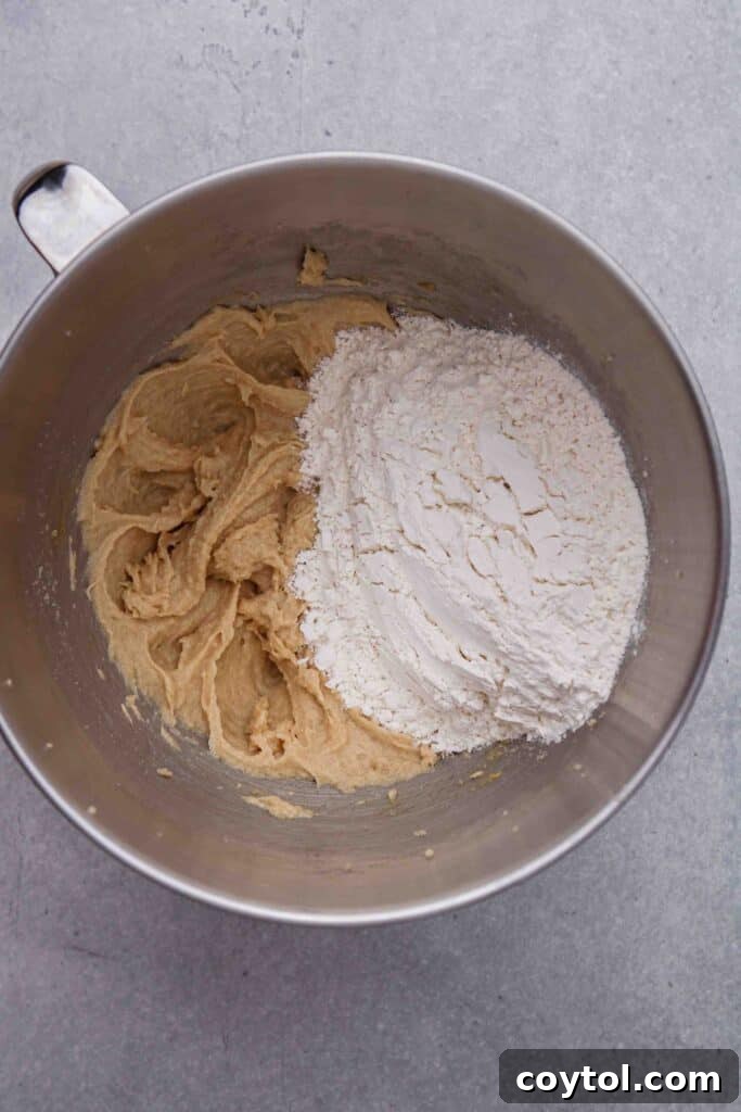 Incorporating dry ingredients into the wet cookie dough mixture.