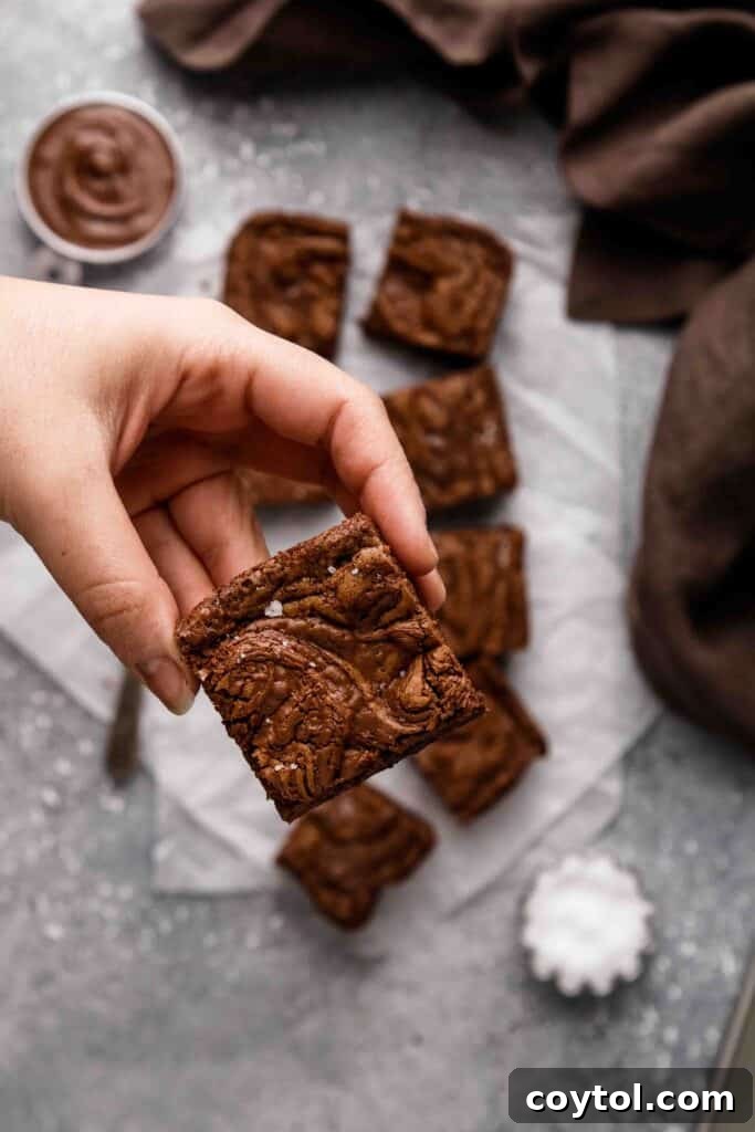 Small Batch Fudgy Nutella Brownie Loaf 16 Hand holding Nutella brownie slice
