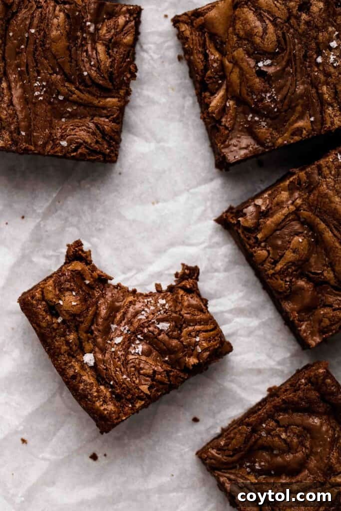 Small Batch Fudgy Nutella Brownie Loaf 3 Nutella brownie slices with one bite taken out