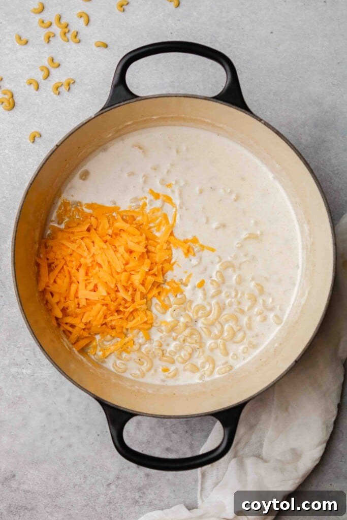 Unforgettable Stovetop Mac and Cheese 13 Overhead shot of stovetop mac and cheese pasta with shredded cheese garnish
