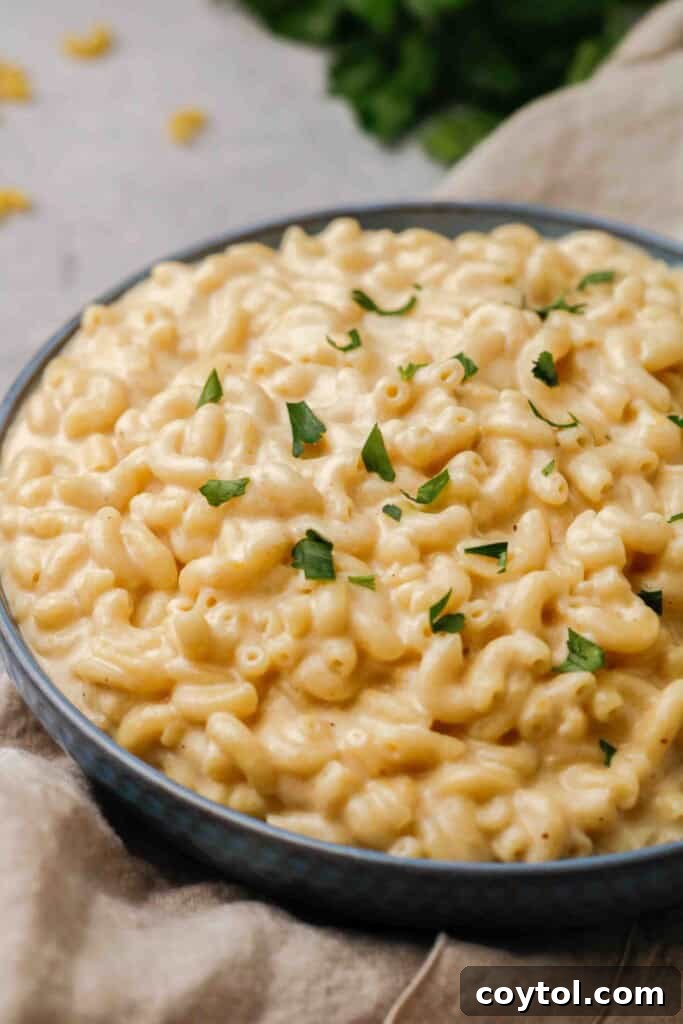 Unforgettable Stovetop Mac and Cheese 15 Stovetop mac and cheese on a blue plate, ready to eat