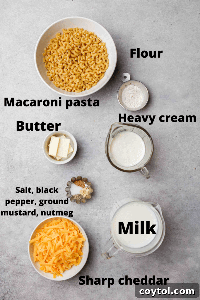 Unforgettable Stovetop Mac and Cheese 3 Stove top mac and cheese ingredients laid out on a table