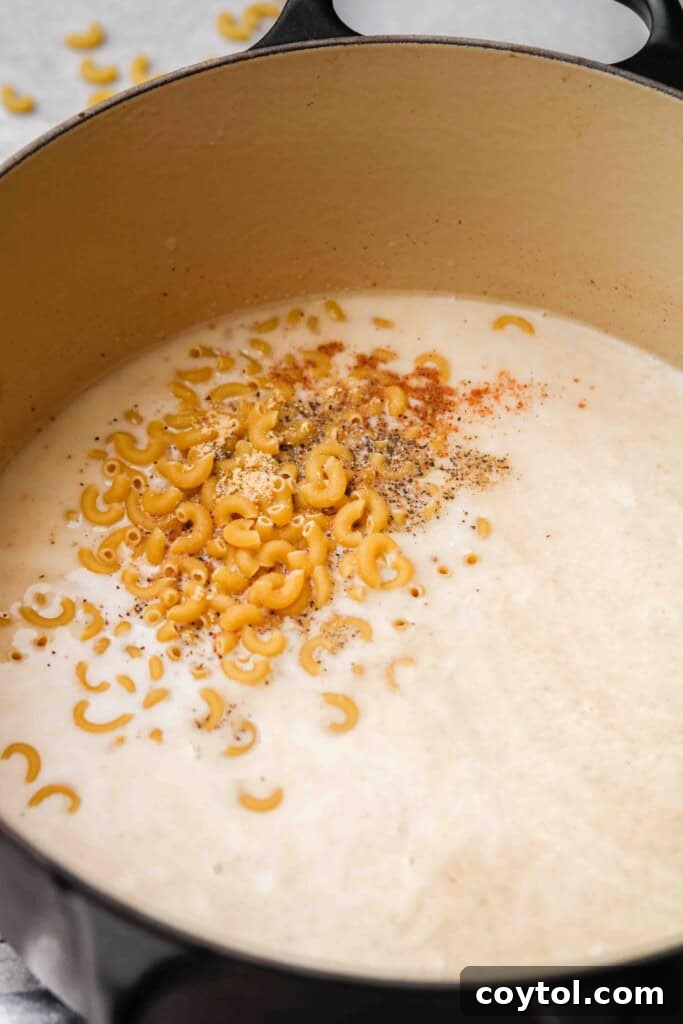 Unforgettable Stovetop Mac and Cheese 9 Adding dry pasta and seasonings to the liquid mixture