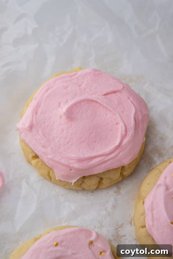 Crumbl Style Chilled Sugar Cookies 14 A whole frosted Swig cookie, similar to Crumbl's chilled sugar cookie