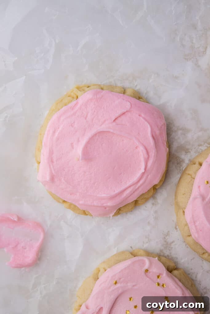 Crumbl Style Chilled Sugar Cookies 3 Close-up of a beautifully frosted homemade Crumbl sugar cookie
