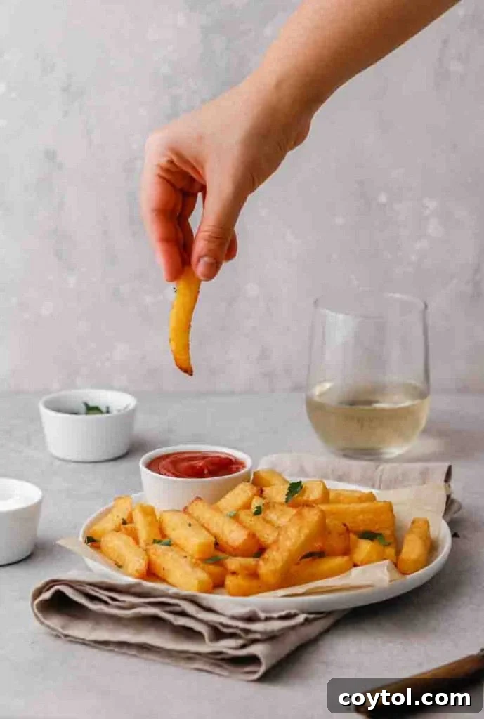 Hand dipping Polenta fry in ketchup