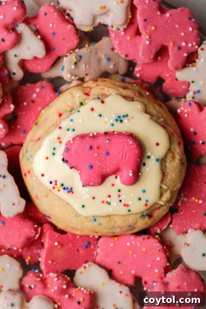 Pillowy Soft Crumbl Circus Animal Cookies 12 The softest Crumbl Circus Animal Cookies, showcasing their appealing frosted top.