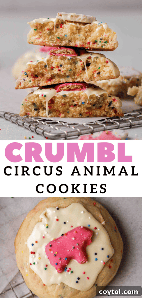 Pillowy Soft Crumbl Circus Animal Cookies 15 Circus animal sugar cookies stacked artistically.