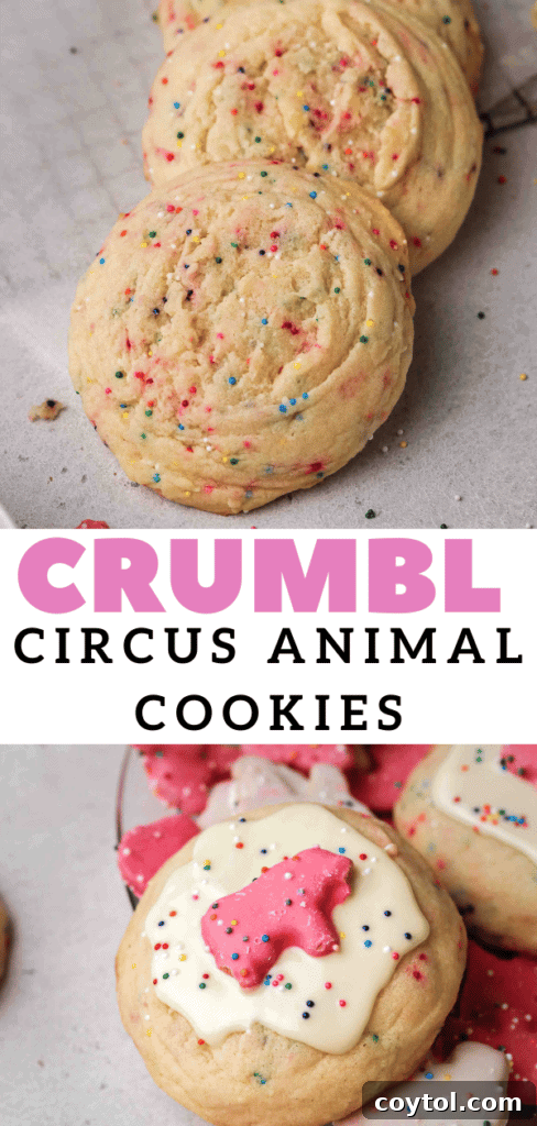 Pillowy Soft Crumbl Circus Animal Cookies 16 Circus animal sugar cookies on a white serving plate.