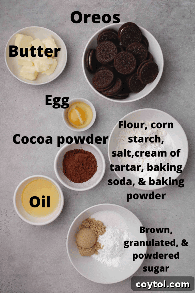 Homemade Crumbl Oreo Buttercream Cookies 4 Ingredients laid out for CRUMBL Oreo cookies recipe
