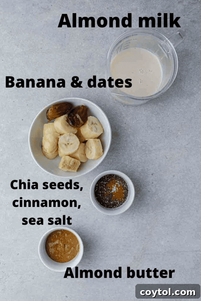 Golden Goodness Almond Banana Date Smoothie 3 Fresh ingredients for making a date smoothie laid out on a surface.