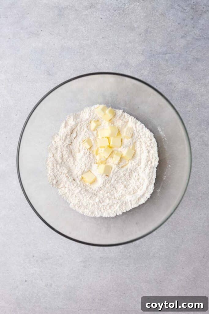 Flour and butter in a bowl, before mixing