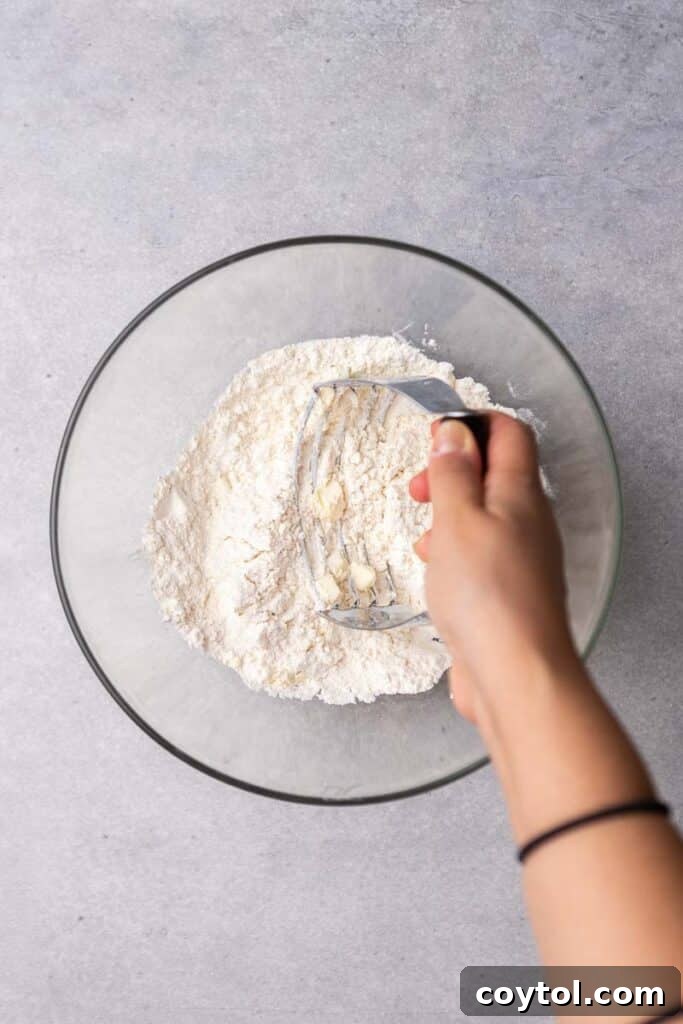 Hand using a pastry cutter to mix butter into flour