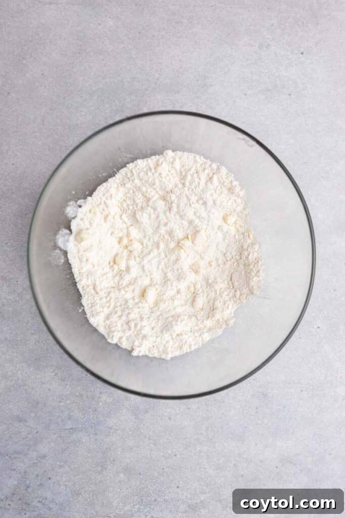 Flour and butter in a bowl, mixed to pea-sized crumbs