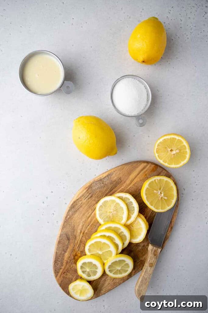 Ingredients for TikTok creamy lemonade: fresh lemons, sweetened condensed milk, granulated sugar, and cold water