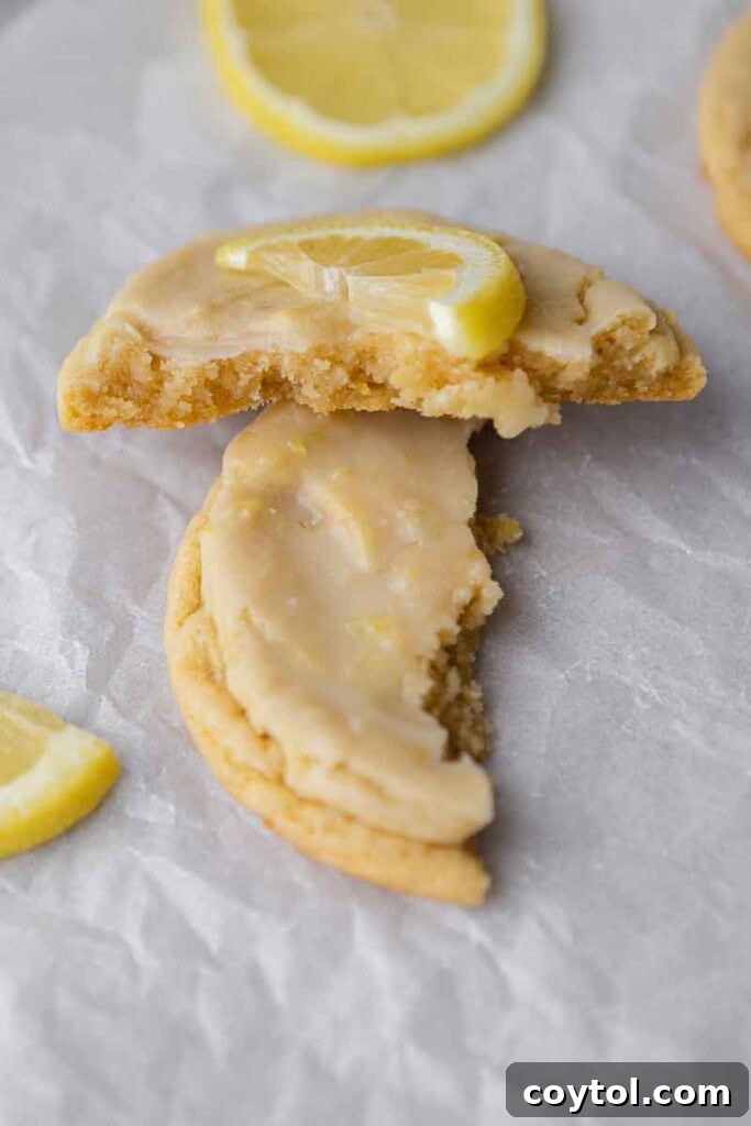 Effortless Bakery-Style Lemon Glaze Cookies 15 Close-up of the tender texture inside a lemon cookie