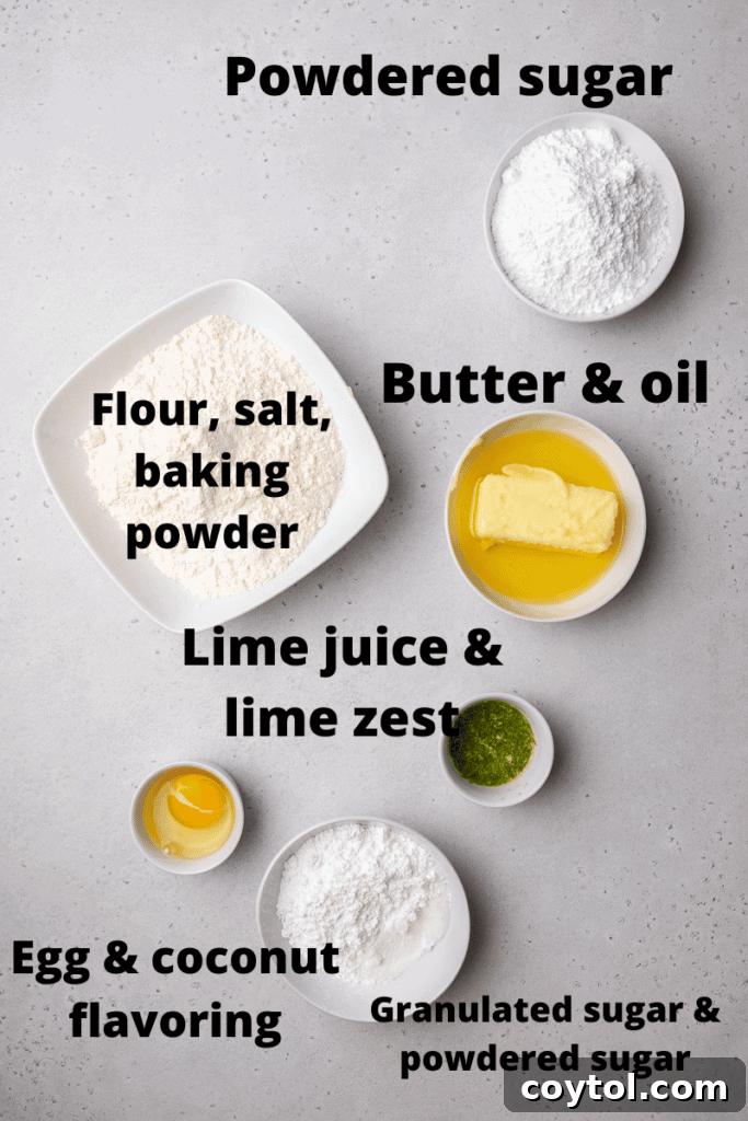 Zesty Island Chill Coconut Lime Cookies 4 CRUMBL coconut lime cookies ingredients laid out on a table.