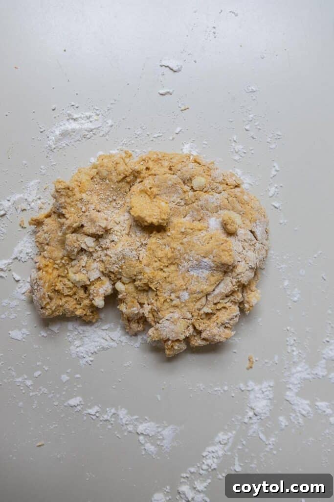 Pumpkin biscuit dough on floured surface