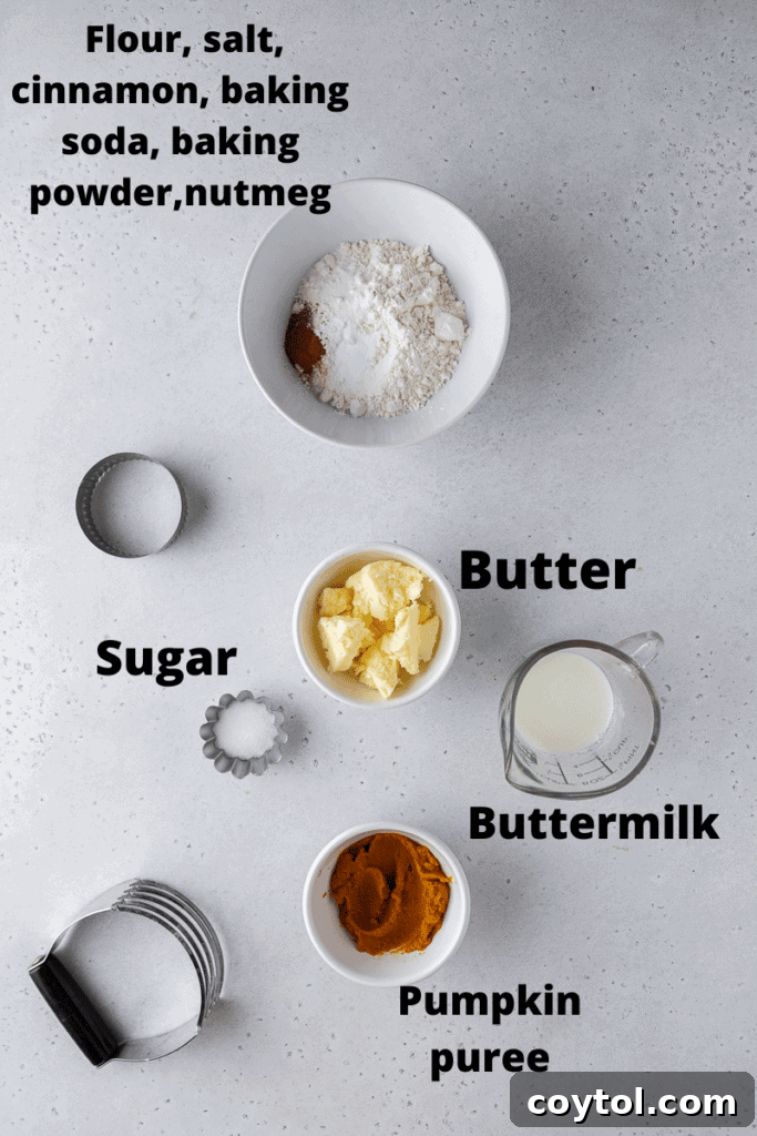 Pumpkin biscuits ingredients arranged on a cutting board