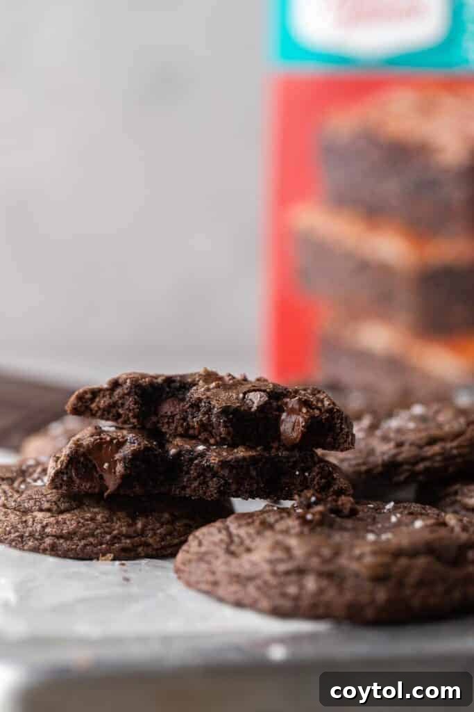 Decadent Crumbl Brownie Batter Cookies 14 A brownie mix cookie broken in half, showing its soft, fudgy interior with melted chocolate chips.
