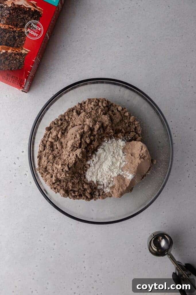 Decadent Crumbl Brownie Batter Cookies 5 Dry ingredients in a bowl before mixing.