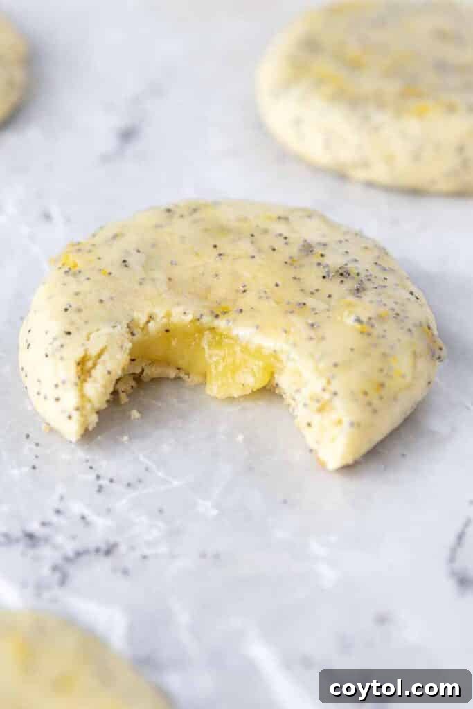 Close up of a lemon cookie with lemon curd oozing out of it