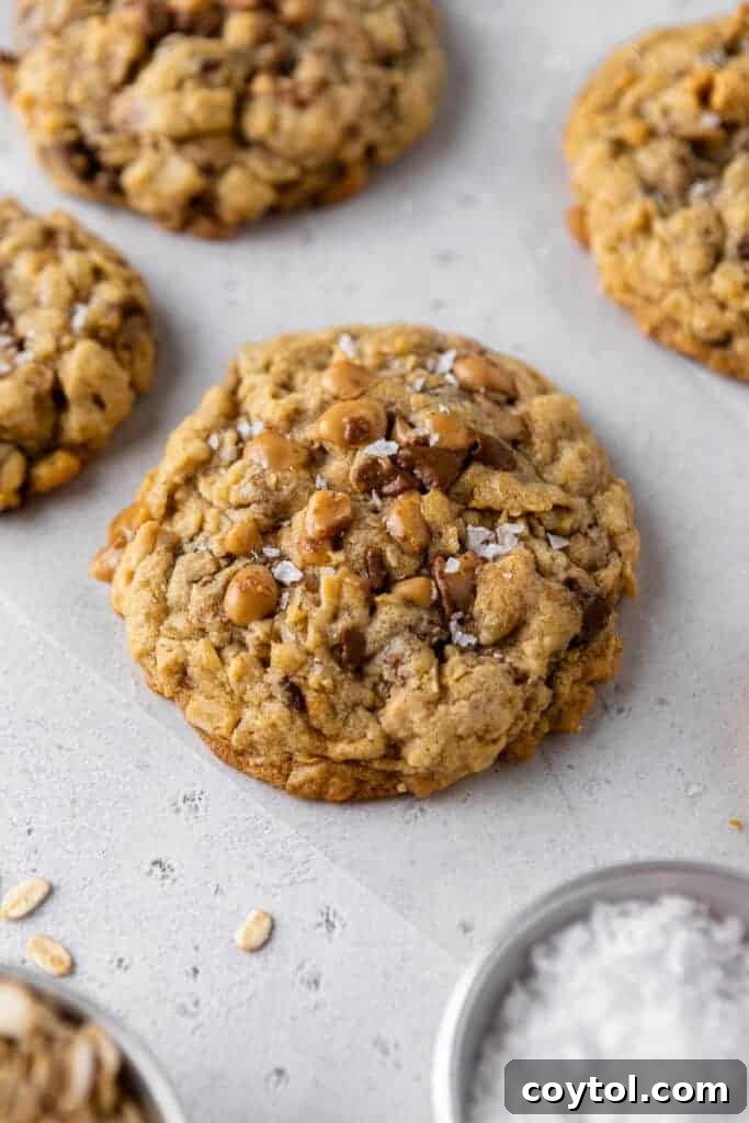 Crumbl Mom's Recipe Cookies - Soft and chewy oatmeal cookies with chocolate chips, peanut butter chips, and toffee bits.