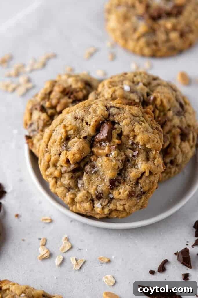 Close-up of a Crumbl oat cookie with visible toffee bits and chips, showcasing its texture.