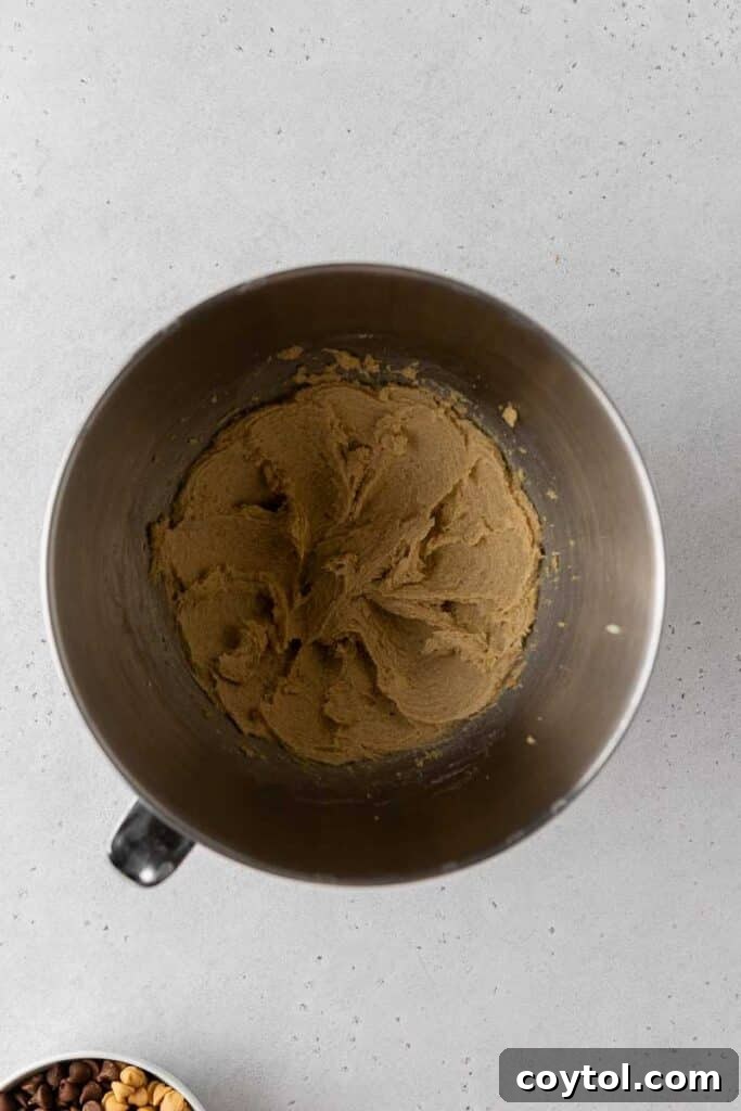 Close-up of butter, brown sugar, and granulated sugar being creamed together in a mixer.